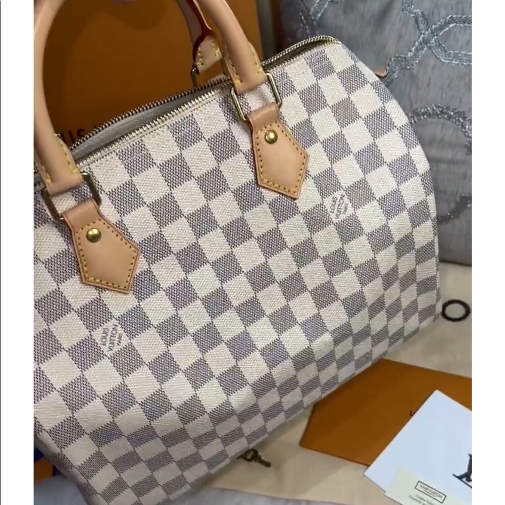 Louis Vuitton Damier Azur Canvas Speedy Tote in Cream and Tan
